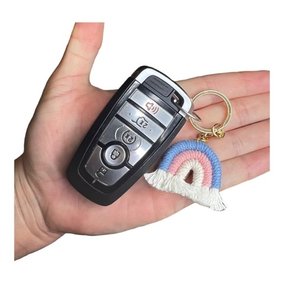 HAND-WOVEN Rainbow Keychain - Blue/Pink/Creme - Picture 3 of 3